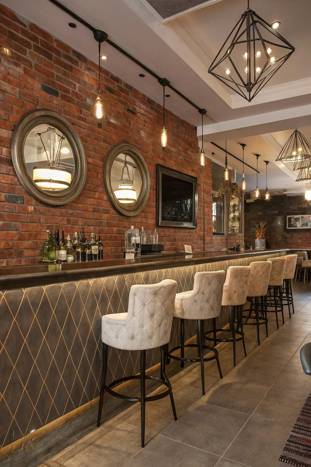 Mirrored accents amplify the spacious impression of a brick wall bar.