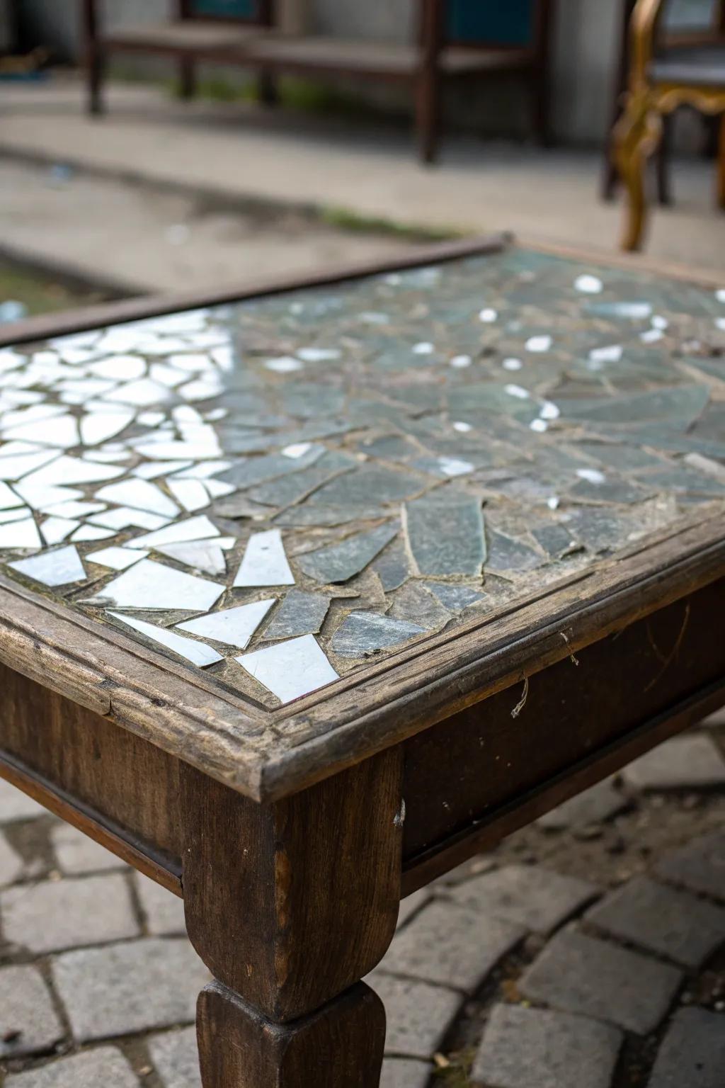A mirror-covered tabletop revitalizes any furniture.