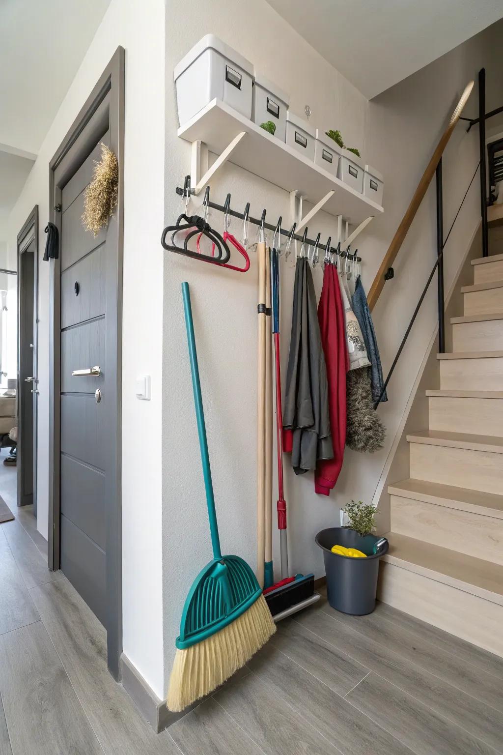 Creative hooks and hangers for storage in small spaces.