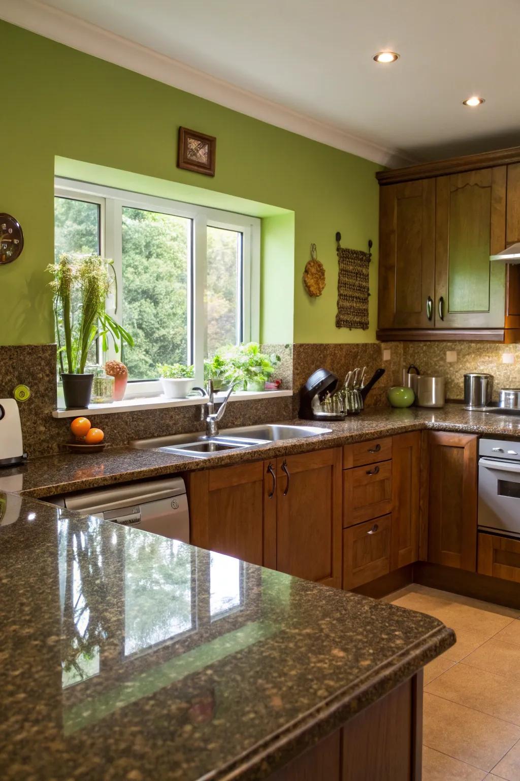 The cooking space is infused with a vibrant, fresh vibe by garden green.