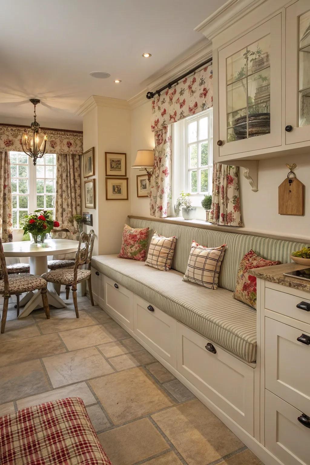 Classic nostalgia in a kitchen with charming banquette seating.
