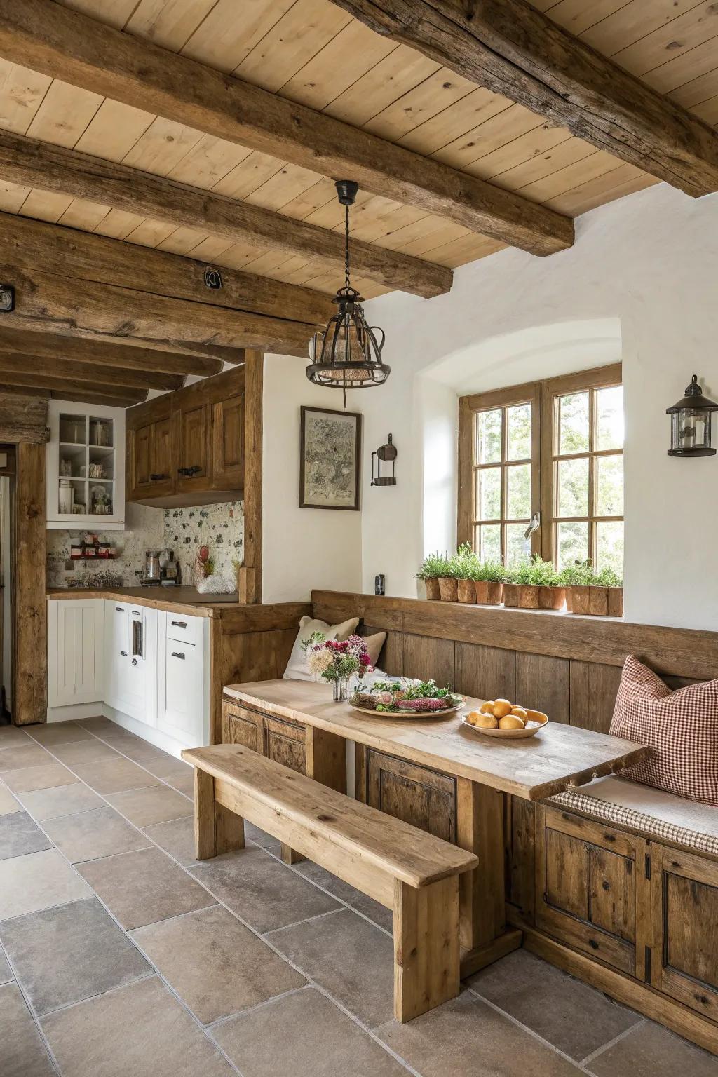 Infuse rustic warmth through timber bench seating.