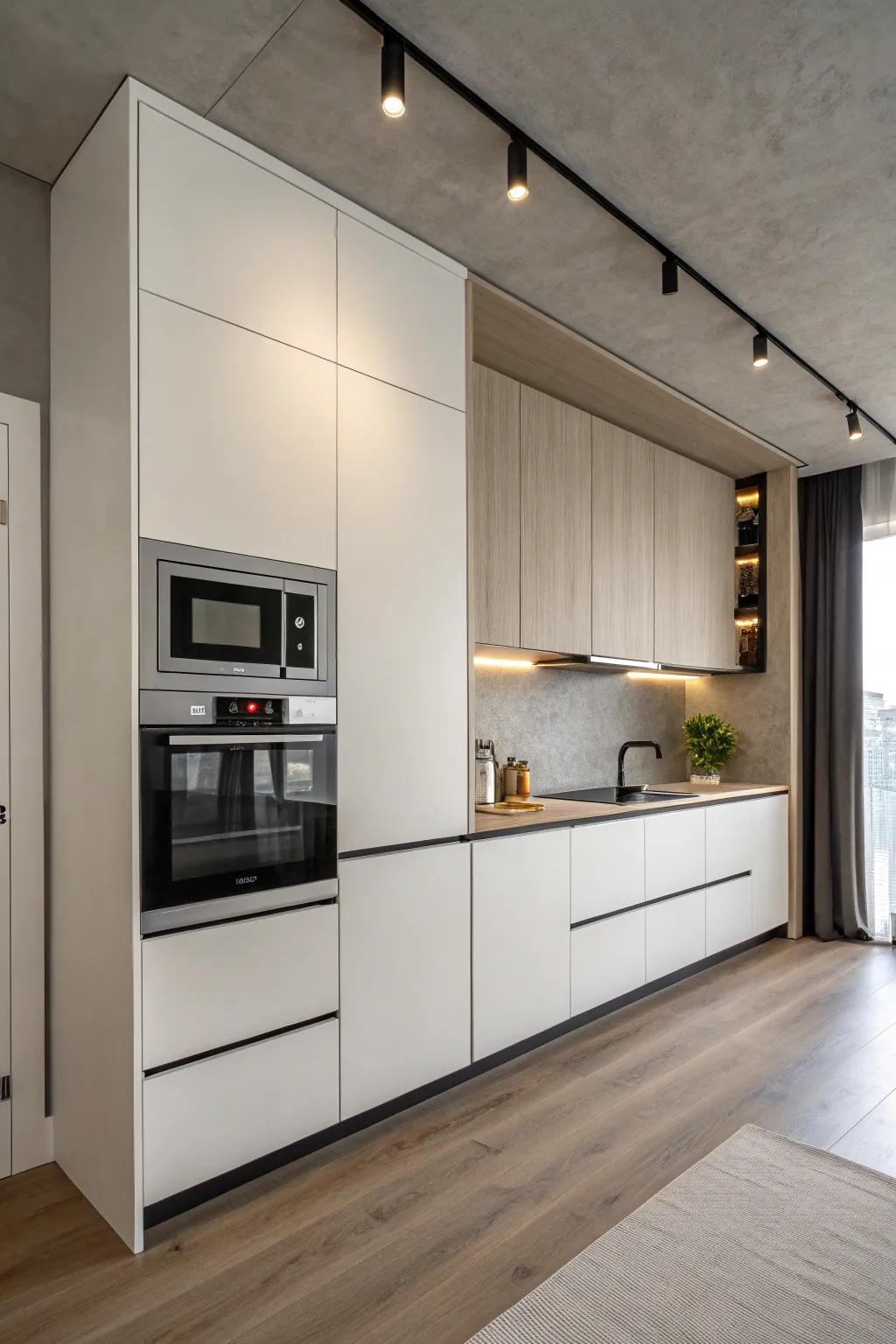 A minimalist kitchen with a smoothly integrated microwave.
