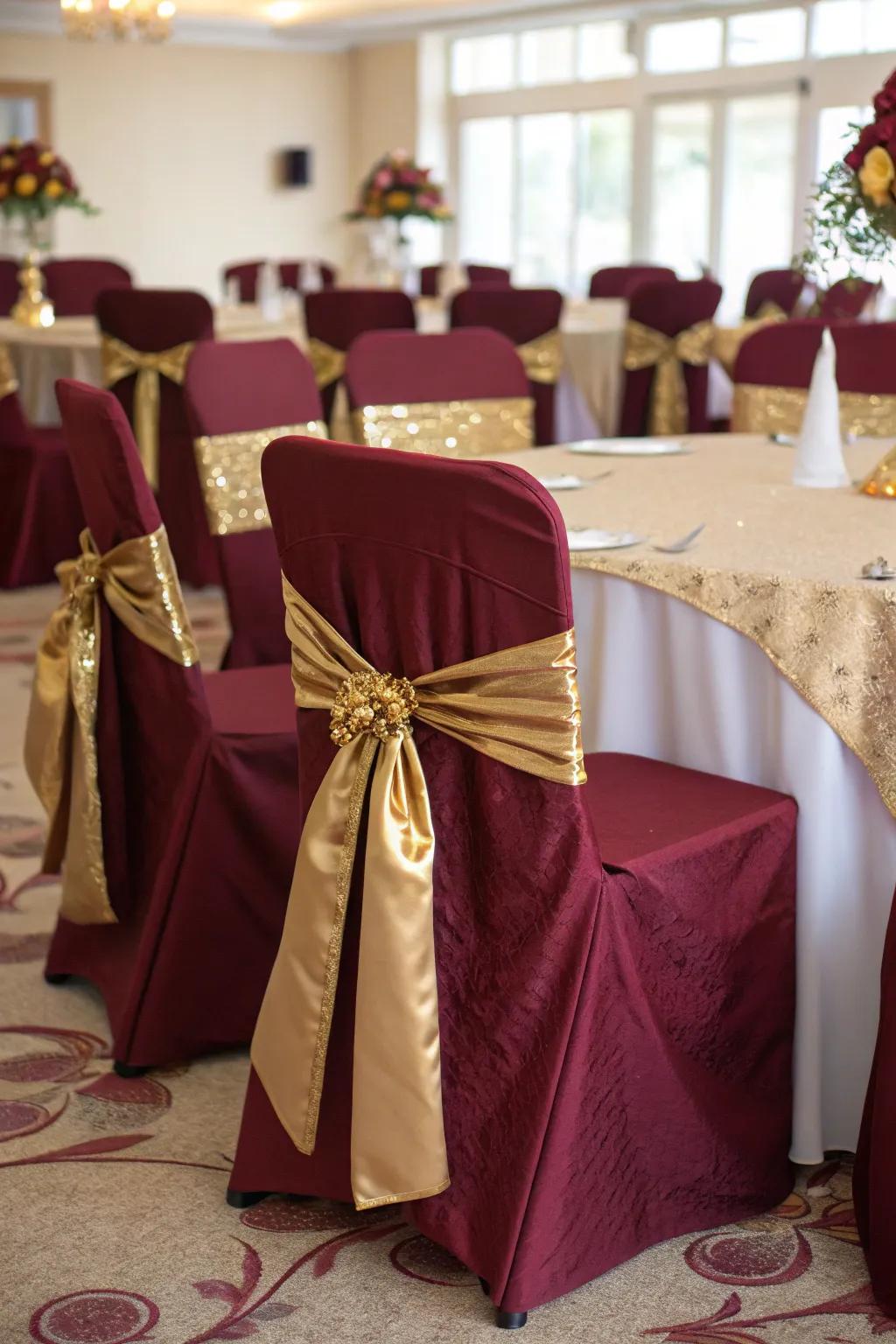 Charming chair covers in red and gold add a touch of elegance to your seating.