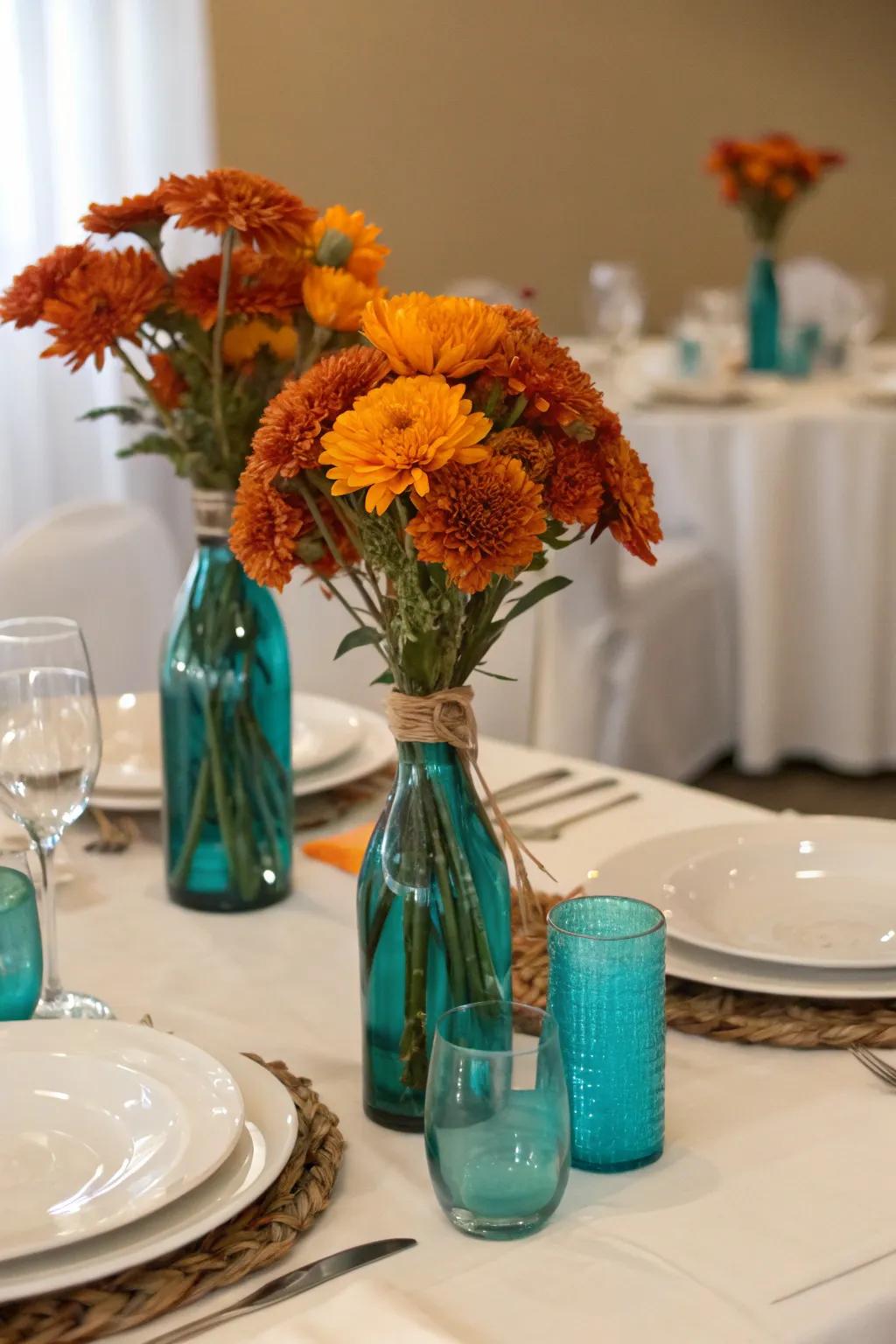 Unique centerpieces captivating with aquatic blue and sunset shades.