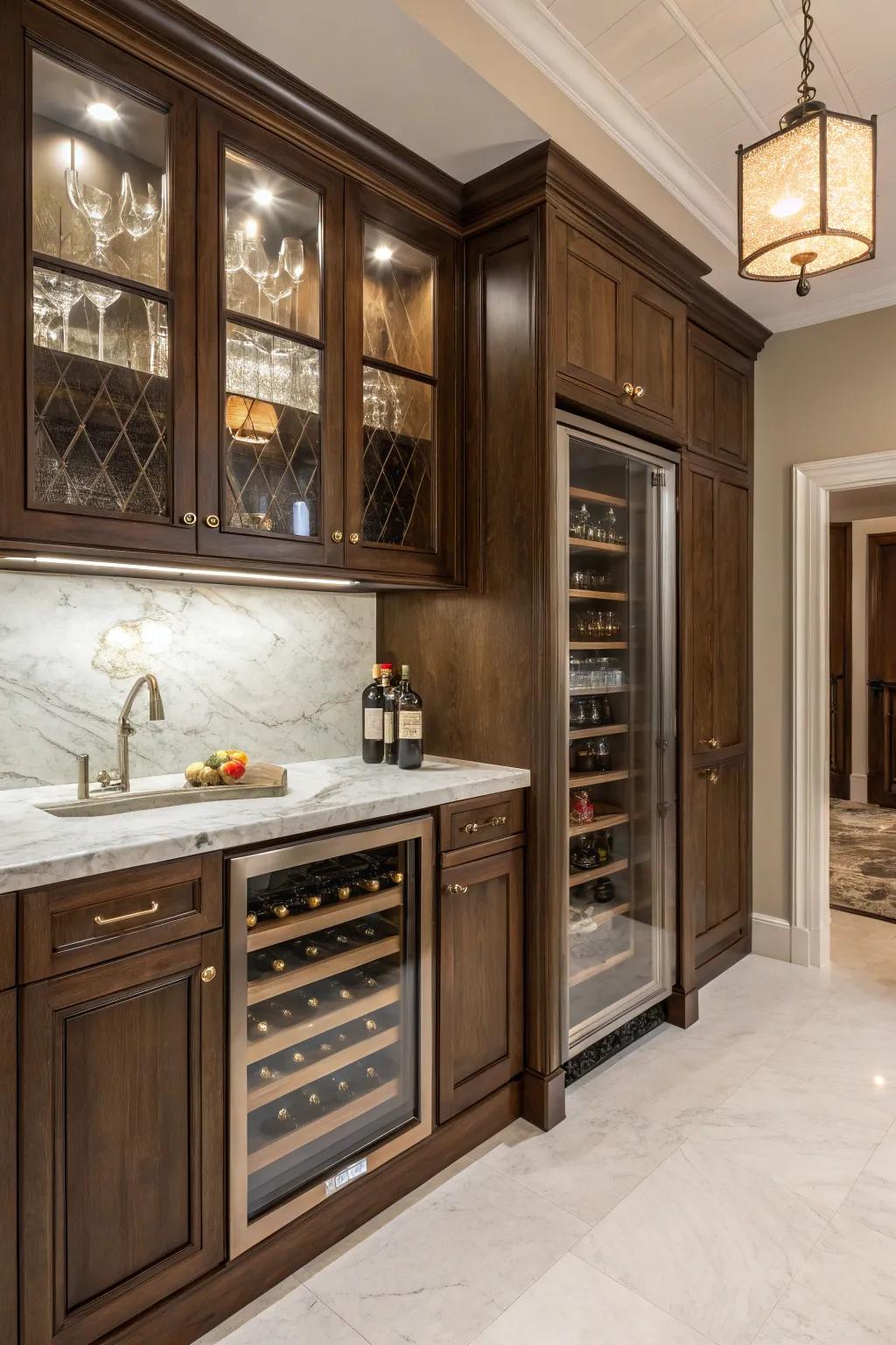 A luxurious butler's pantry featuring a built-in wine chiller, perfect for entertaining guests.