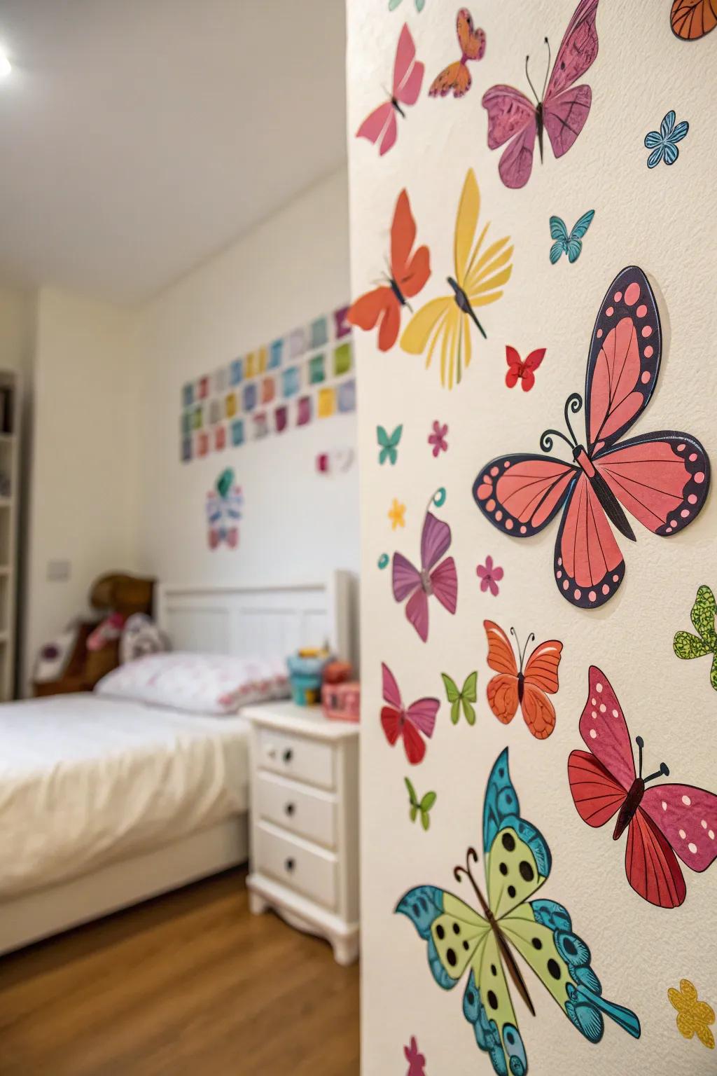 Design a whimsical environment through butterfly murals.