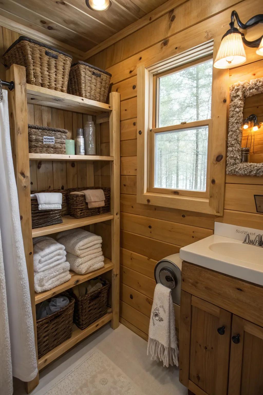 A cabin bathroom displays practical design with timber shelving.