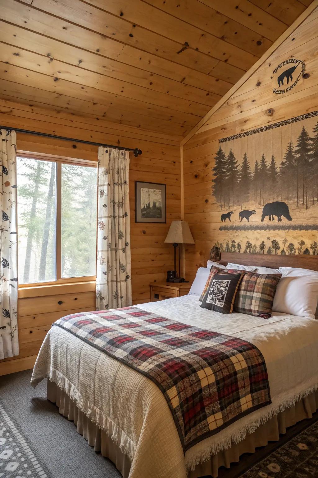 A cabin bedroom is adorned with nature-inspired decor and animal motifs.