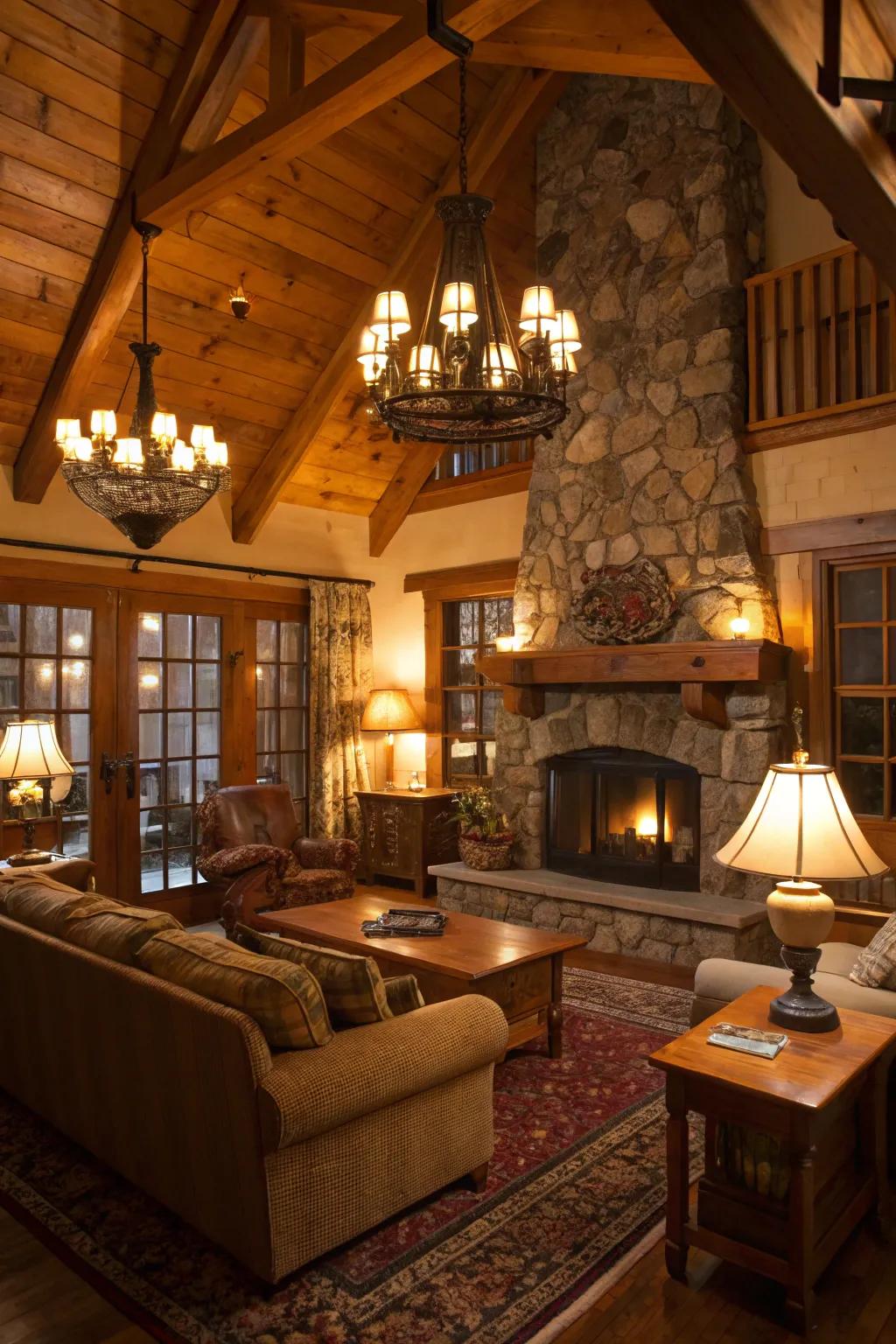 Ambient lighting adding depth and coziness to the cabin interior.