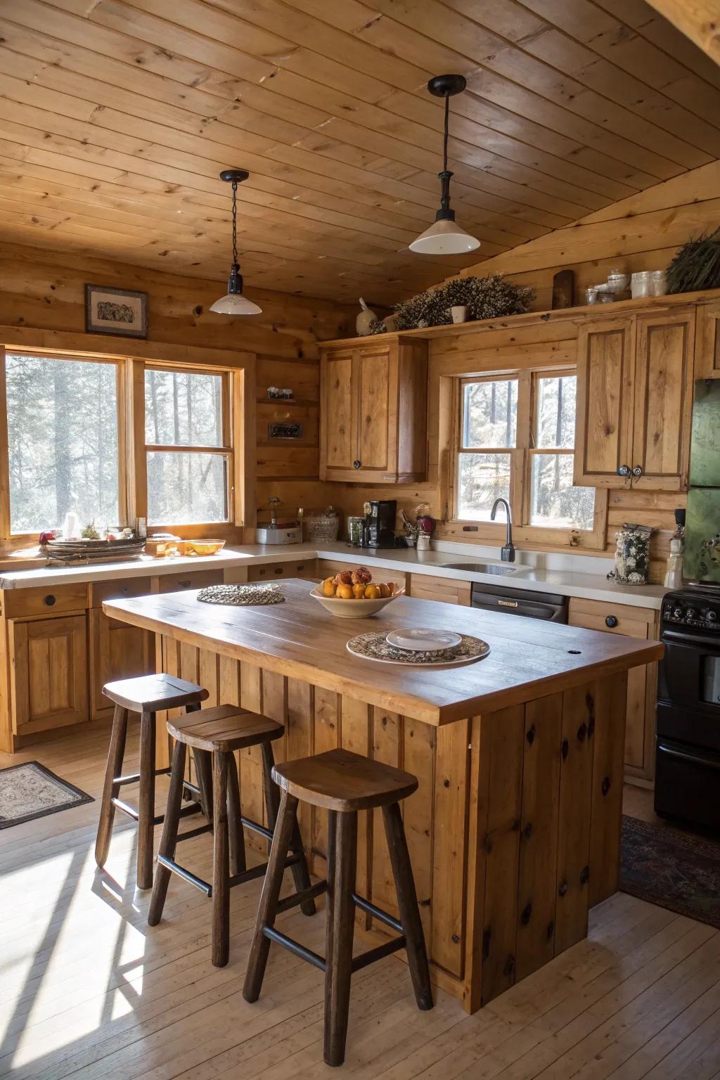 A combined dining space improves the social feel of a cabin kitchen.