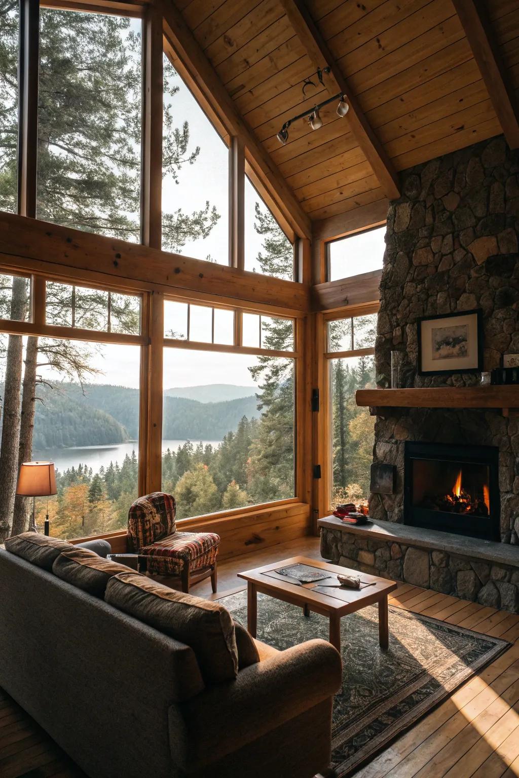 Expansive windows in a cabin living room maximizing sunlight.
