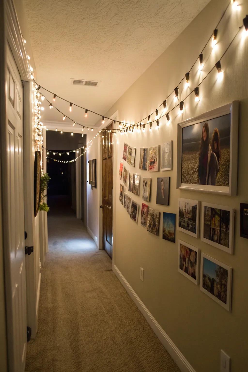 Transform your hallway into a gallery with strategically placed cable lighting.