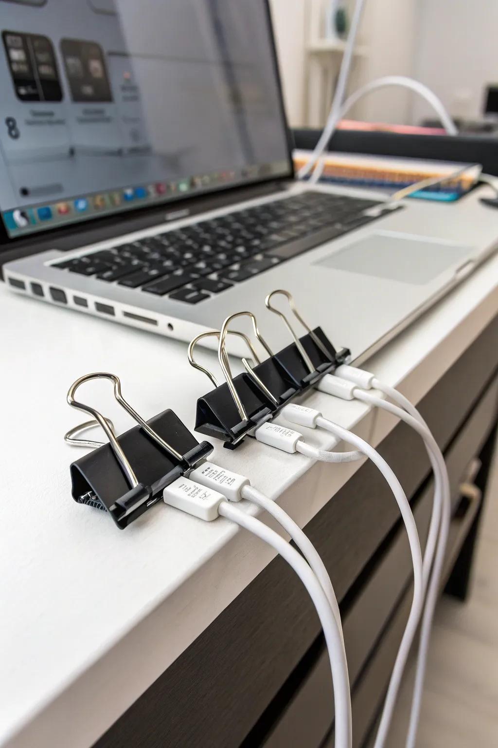 Clamping clips maintaining cable arrangement on a desk.