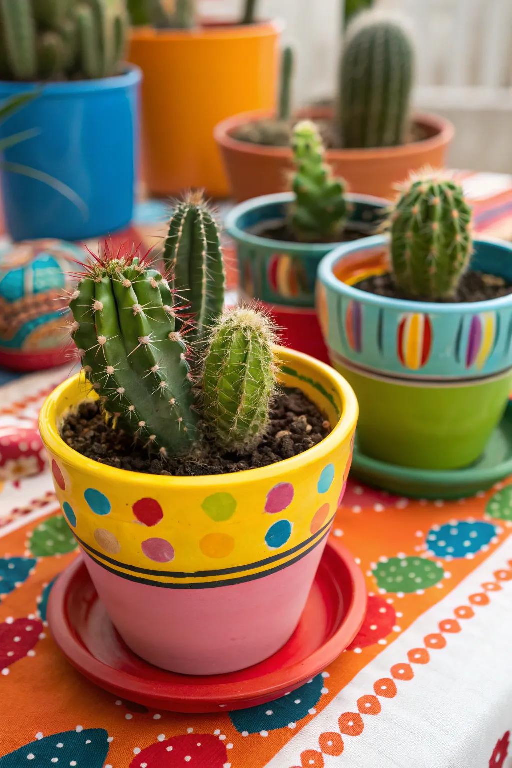 Vibrant ceramic vessels append a playful element to succulent presentations.