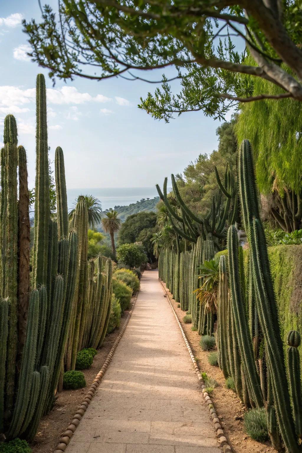 Cacti forming a natural fence along a garden pathway.