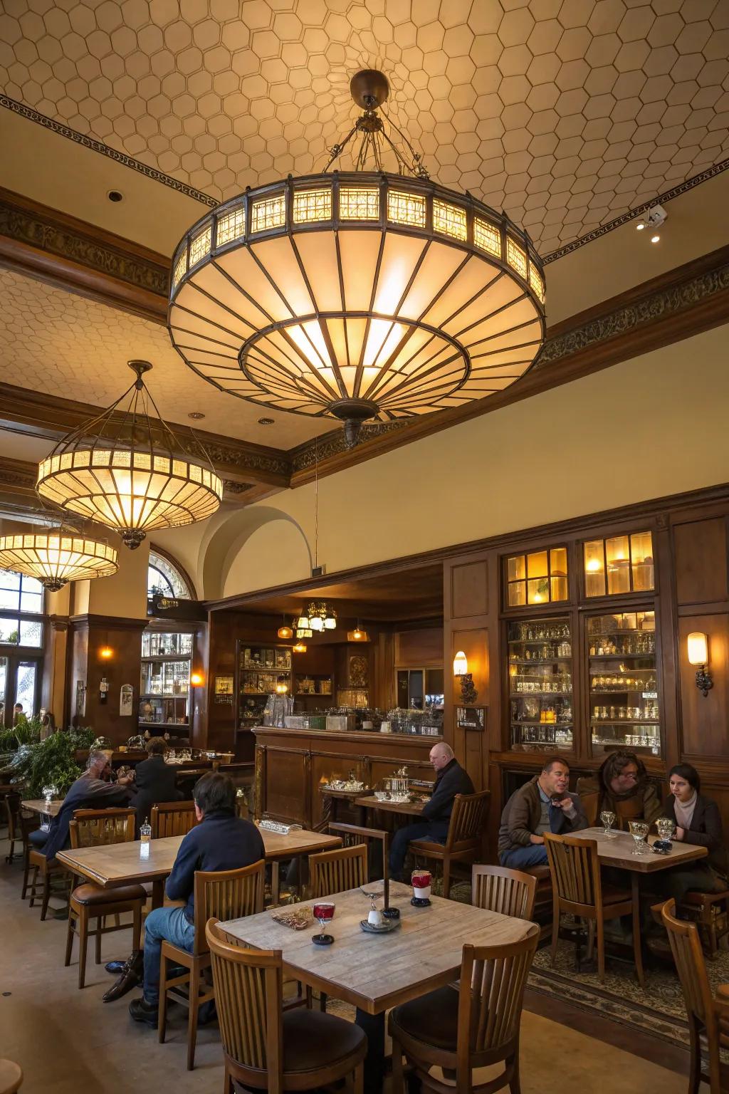 A café showcasing a stunning ceiling fixture that introduces drama and style.