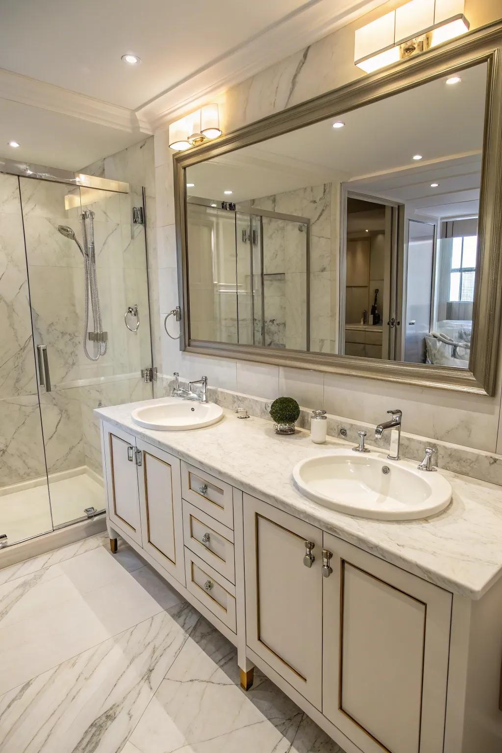 A practical and beautiful dual vanity with Carrara Essence marble countertops.