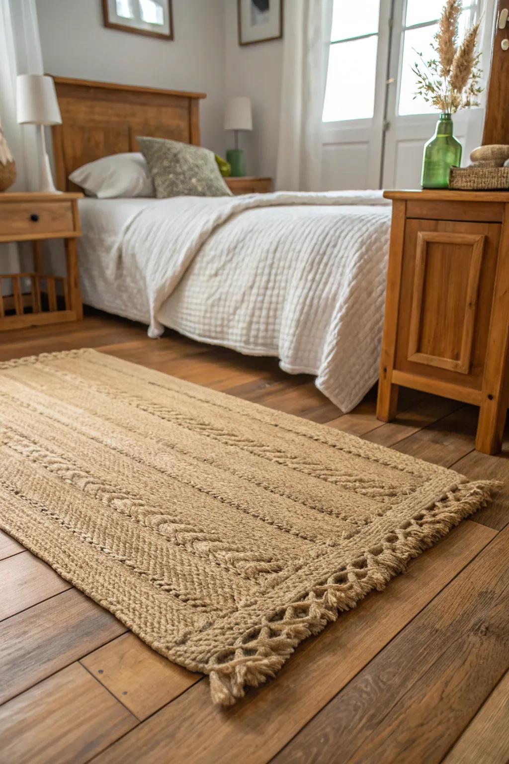Bedroom featuring a textured jute rug on wood flooring for warmth.