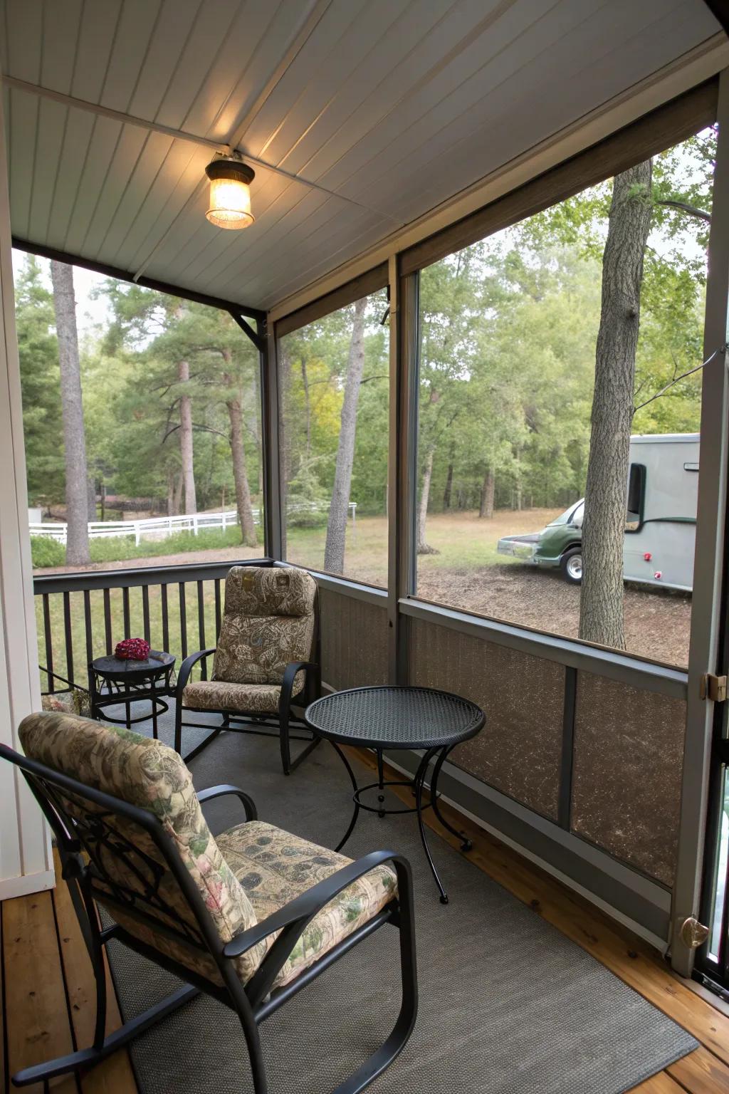 An enclosed porch area for bug-free enjoyment of the outdoors.
