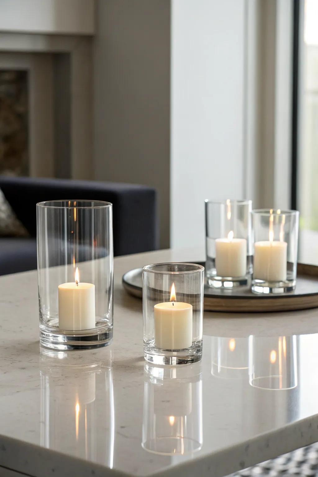 Modern refinement with glass lanterns.