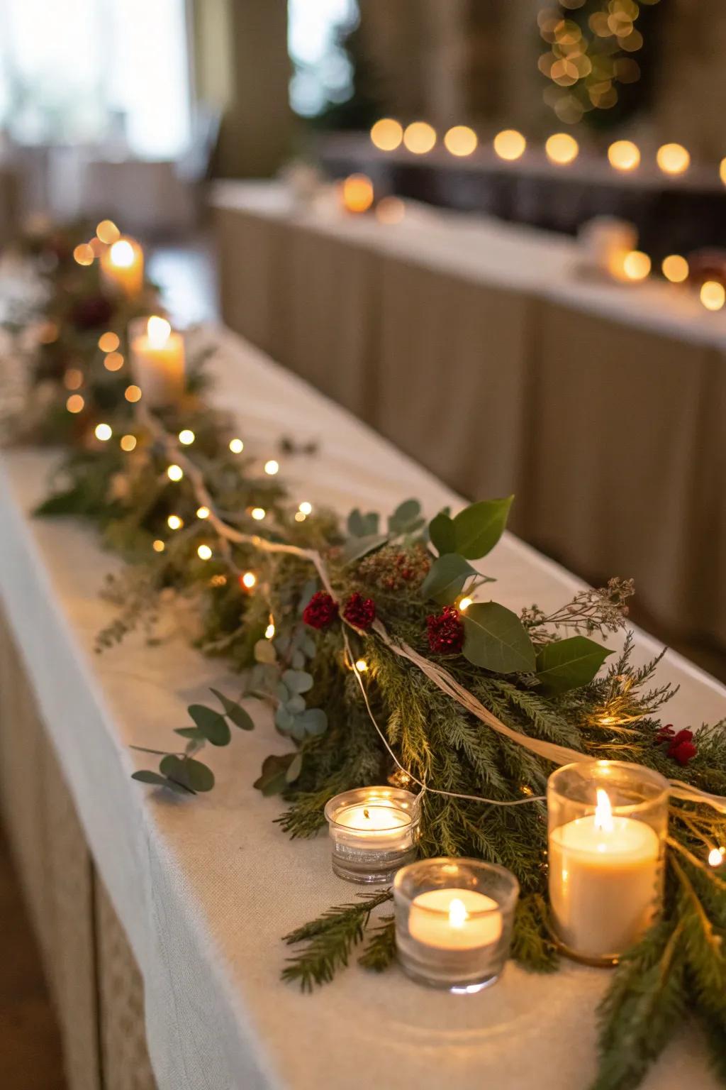 A garland featuring carefully positioned tiny wax lights for a soft glow.