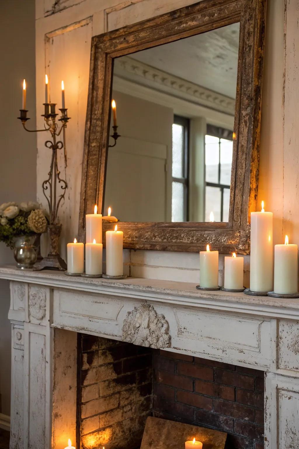 Aged mirrors matched with wax pieces for vintage chic.