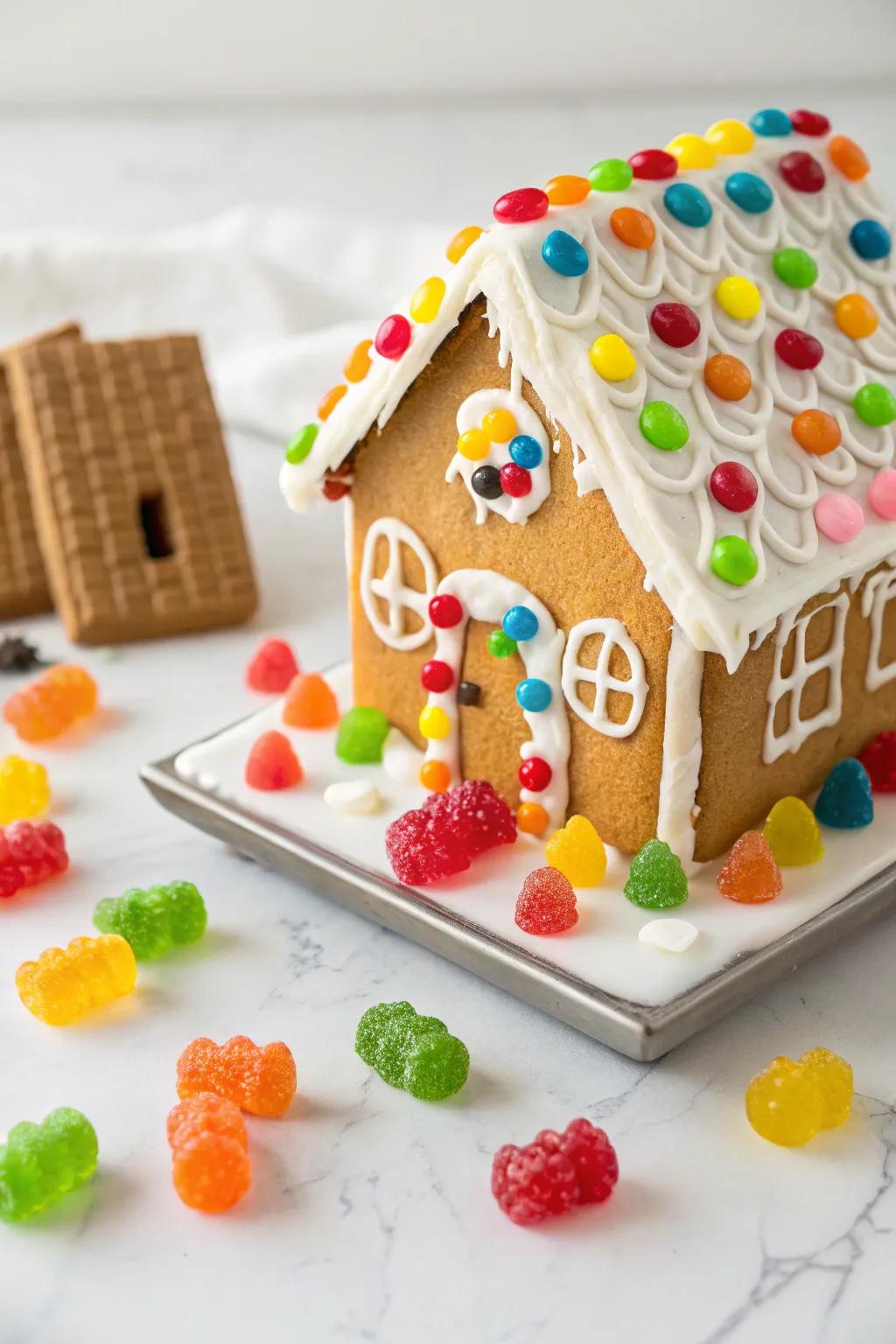 Chewy figures playfully arranged near the gingerbread house.