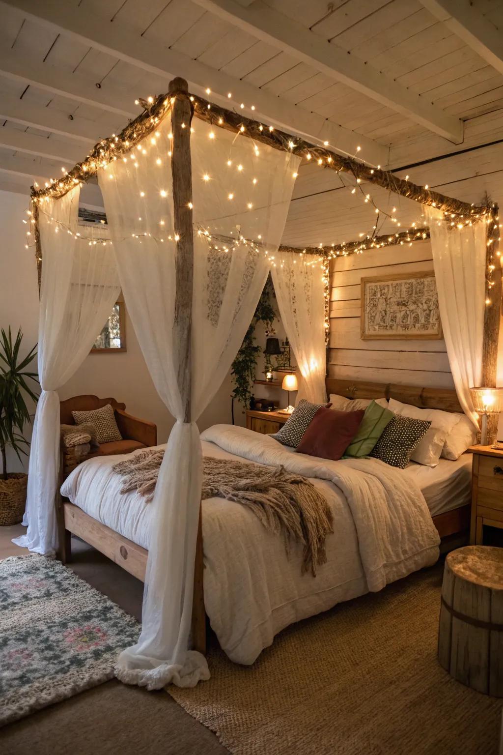String lights illuminate a canopy bed, engendering a magical impression.
