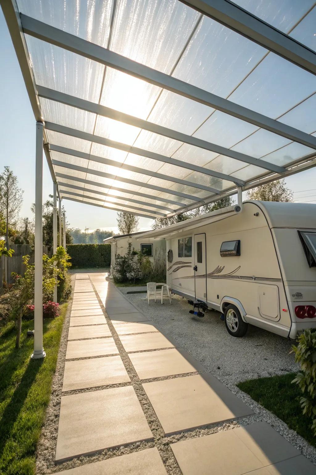 Transparent panels create a bright and welcoming carport.