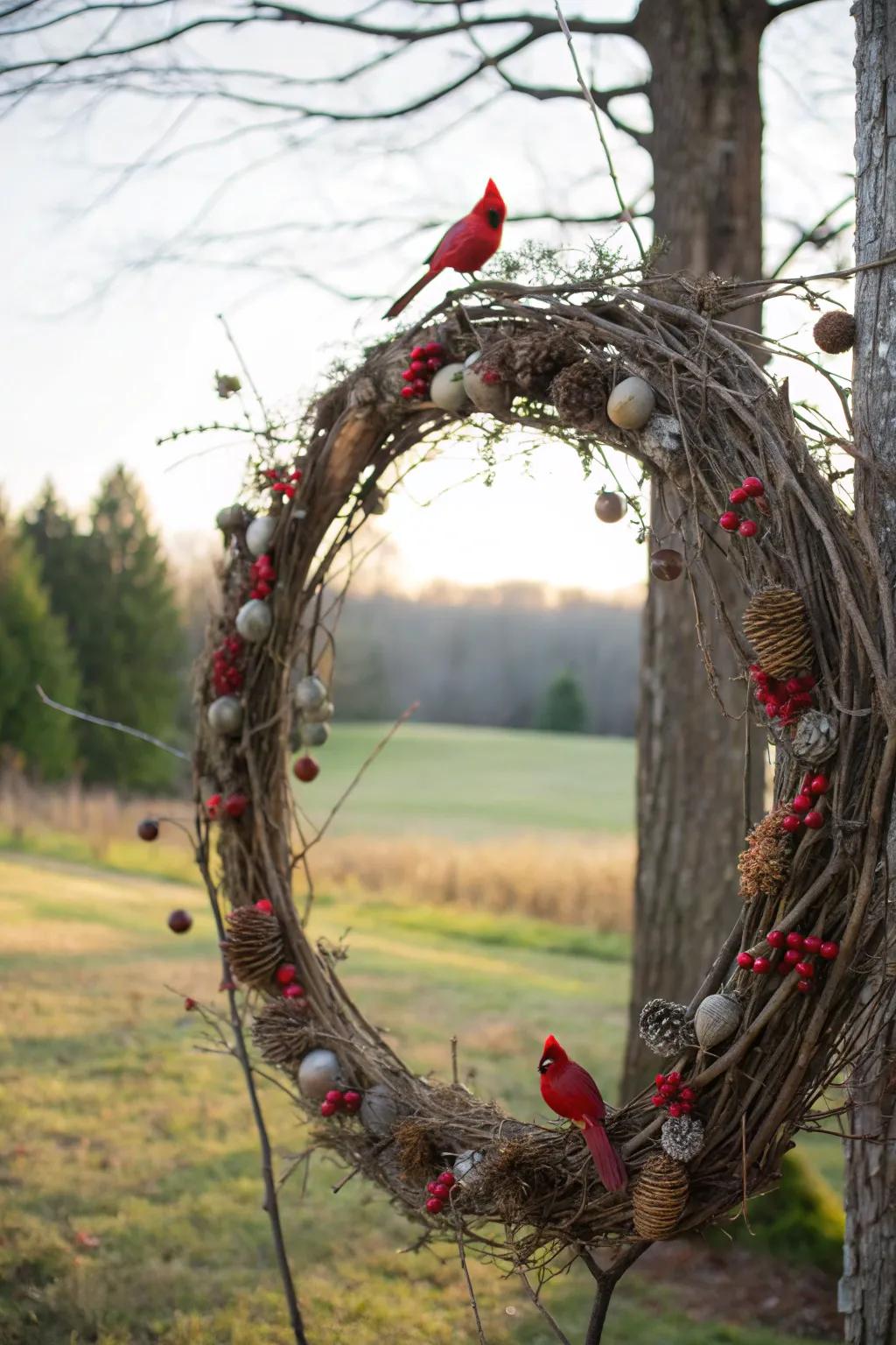 A nature-inspired wreath featuring songbirds and earthy details.