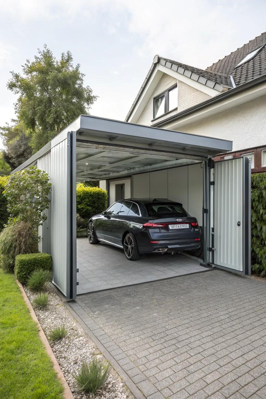 Carport displaying folding entryways for a compact and streamlined design.