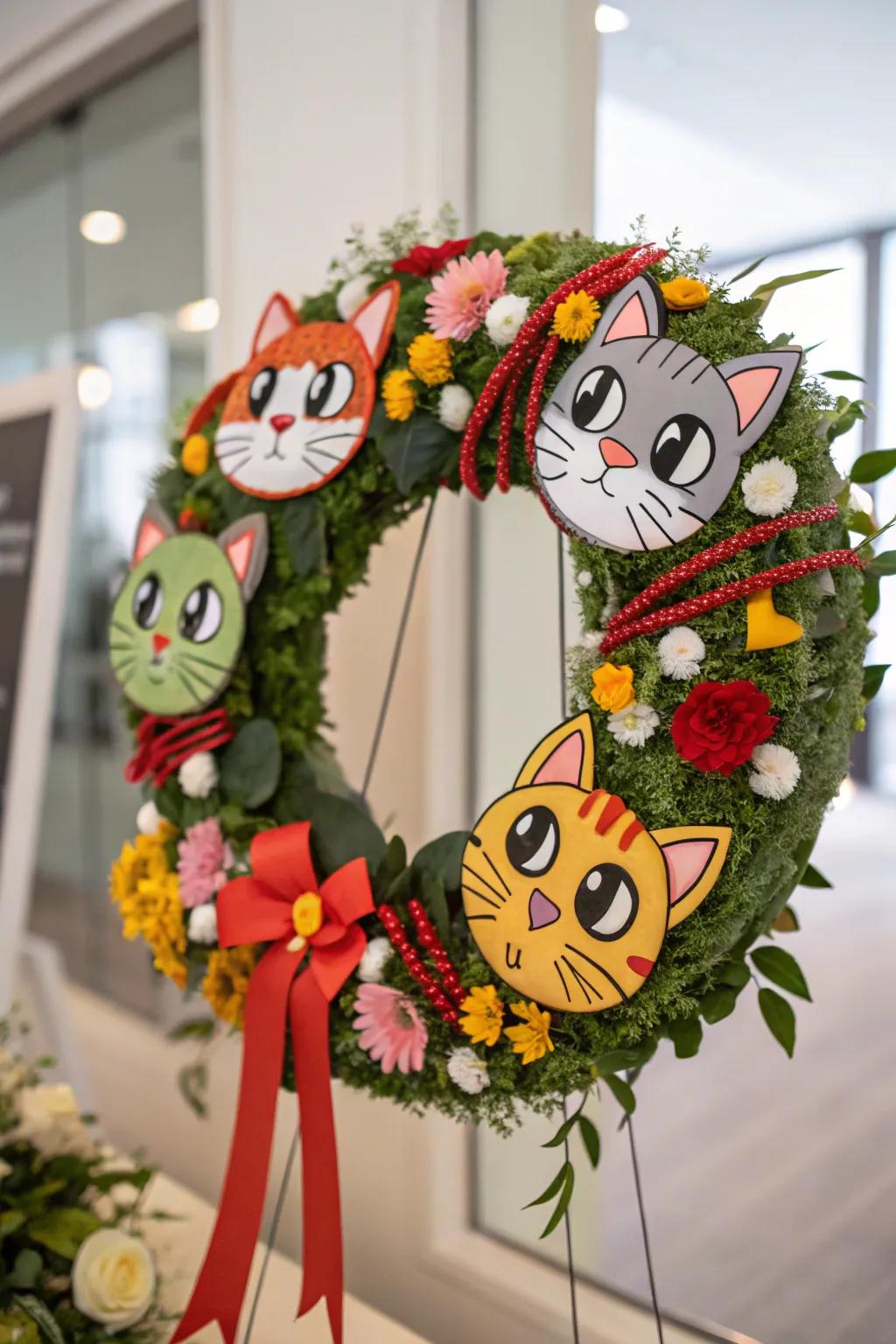 A whimsical animated feline face wreath for a playful vibe.