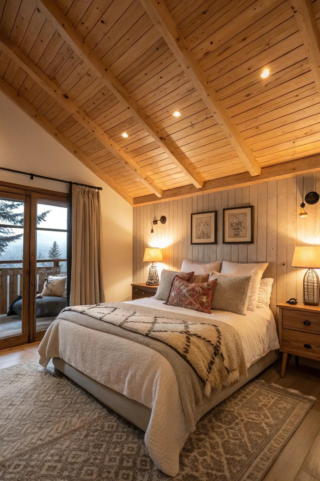 A cozy sleeping quarters with a wooden plank ceiling, offering rustic appeal.