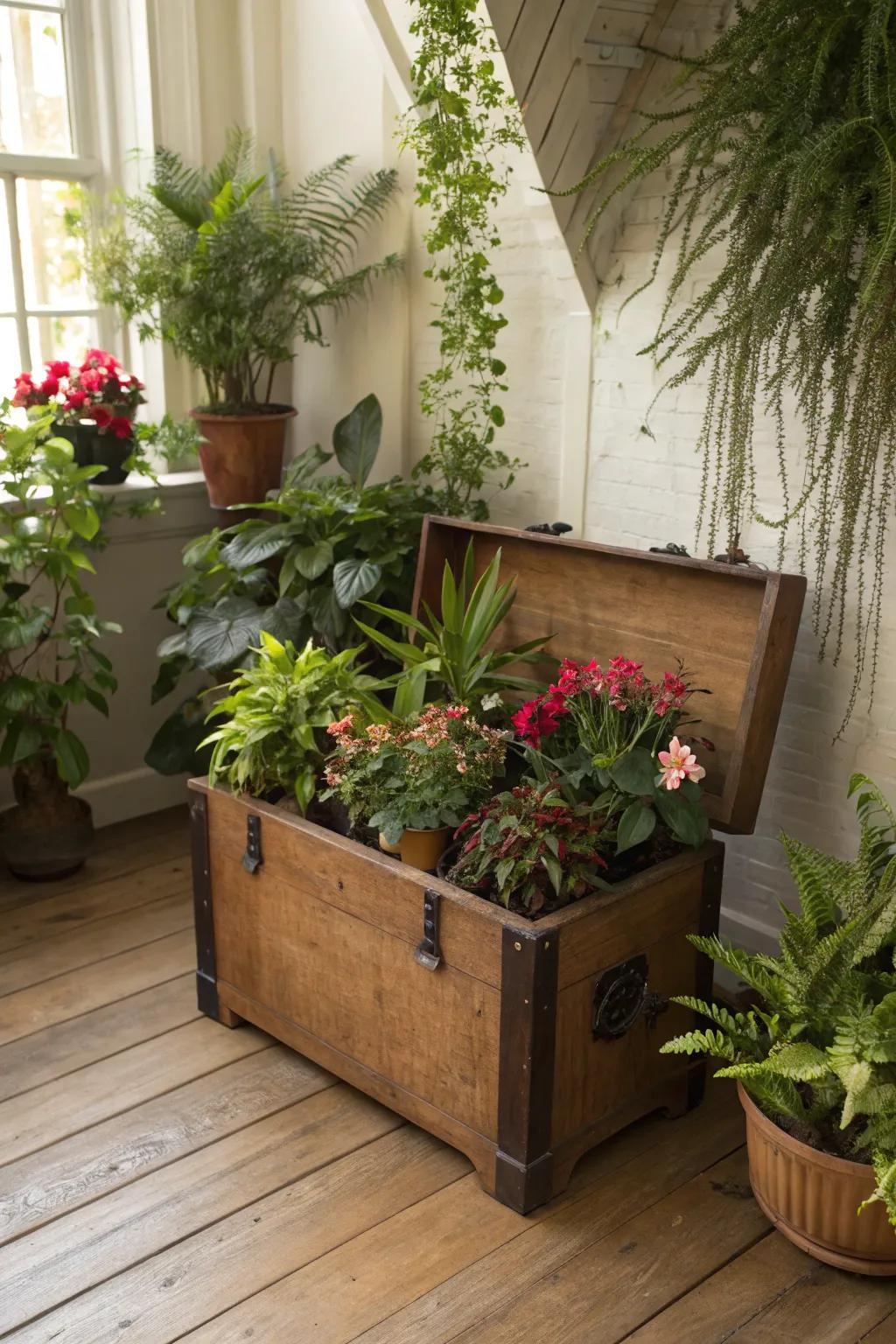 A storage trunk becomes a lush display for your favorite plants.
