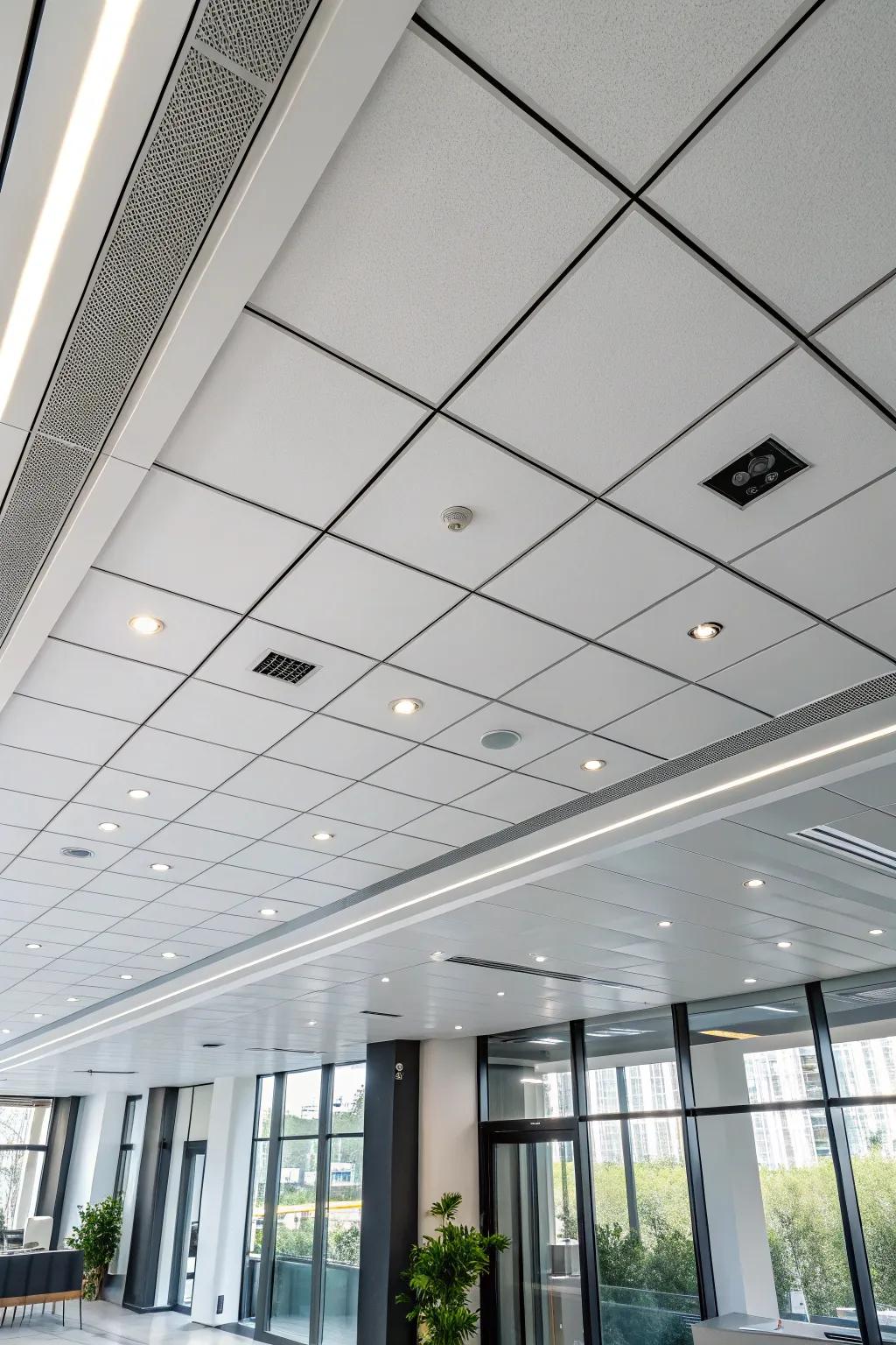Plastic panels offer a streamlined and modern ceiling style.