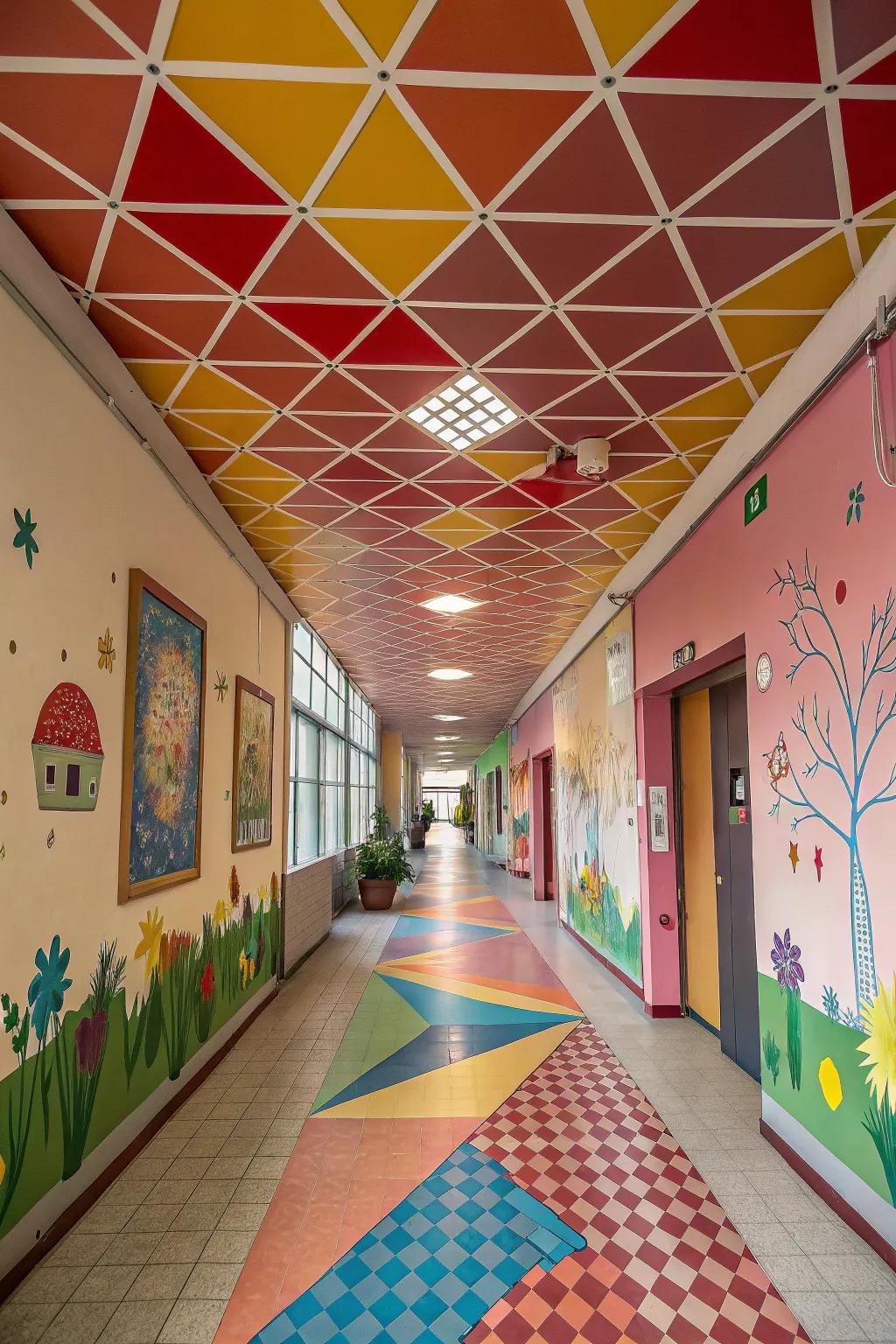 Introduce playful patterns using geometric ceiling finishes.