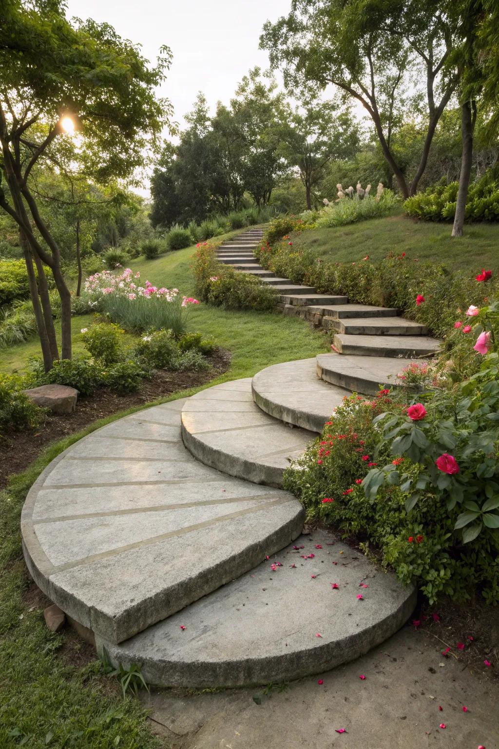Rounded concrete steps injecting creativity into garden routes.
