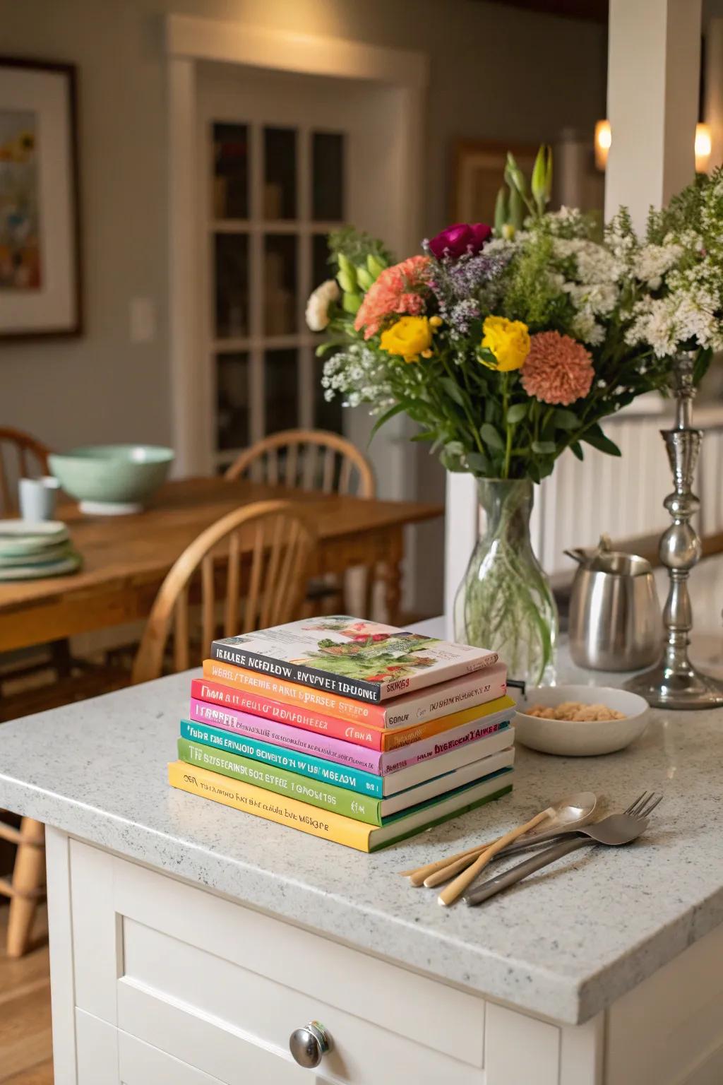 Display your cooking passions with a stack of cookbooks.