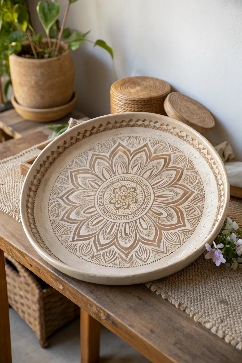Embrace tranquility using this handcrafted mandala ceramic serving dish, a seamless combination of ease and artistry.