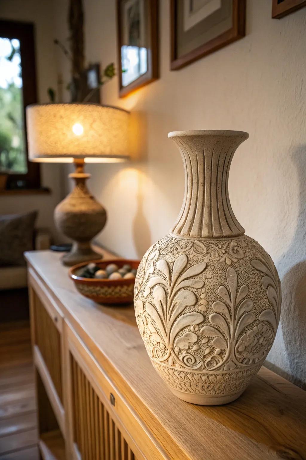 A textured ceramic vase adds depth and interest to the décor.