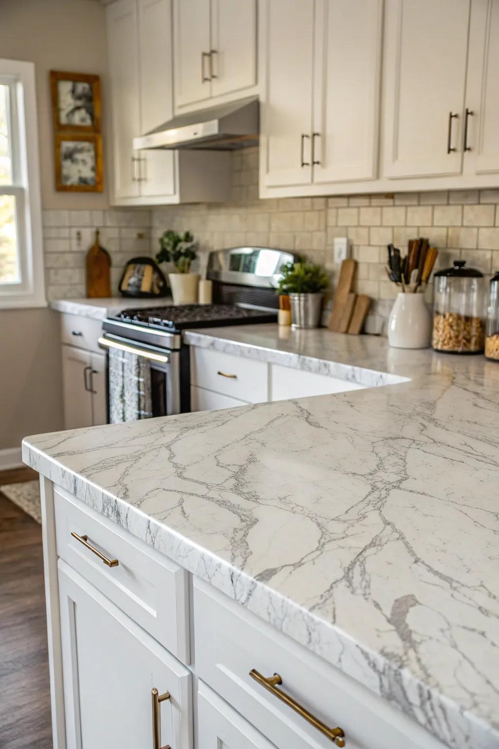 A chic kitchen features countertops covered in adhesive film.