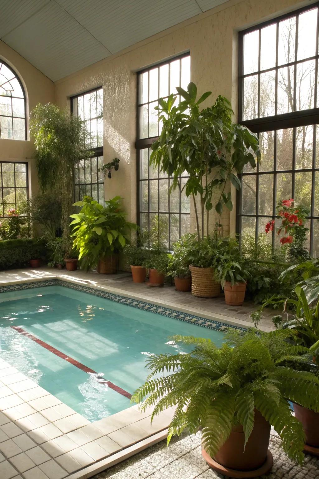 Plant life breathes vitality into your indoor pool environment.