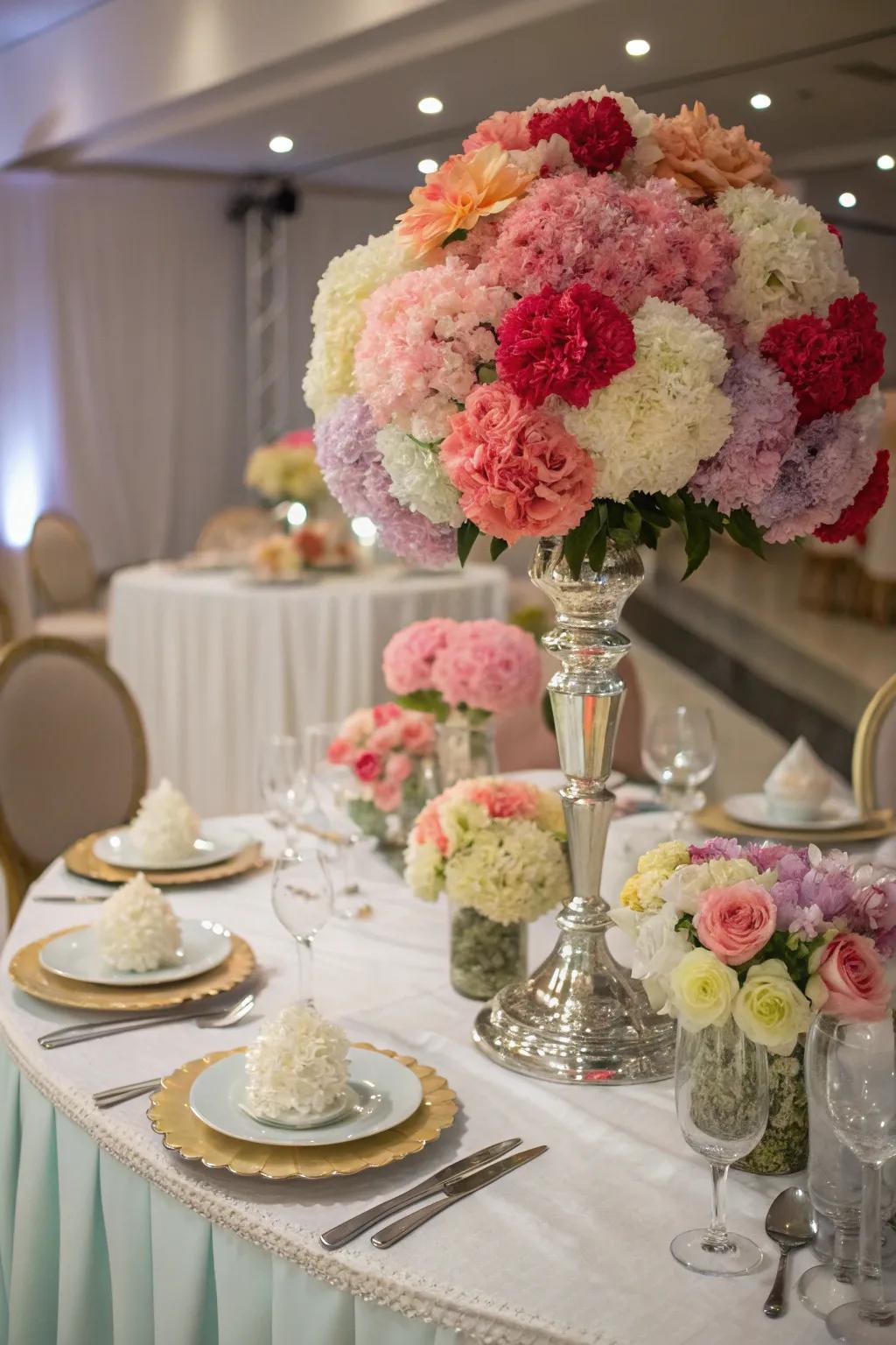 Blossom clumps enhance a wedding table arrangement adding both beauty and affordability.