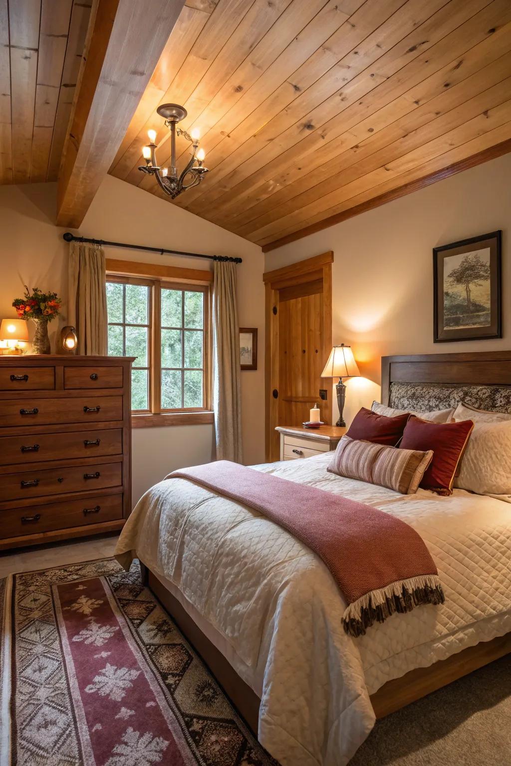 A comfortable and inviting cherry wood bedroom setting.