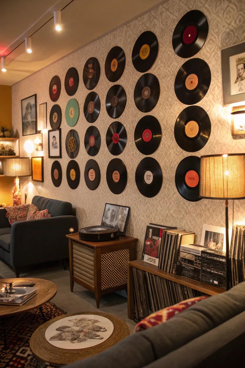 Vintage records adding a retro vibe to the room’s decor.