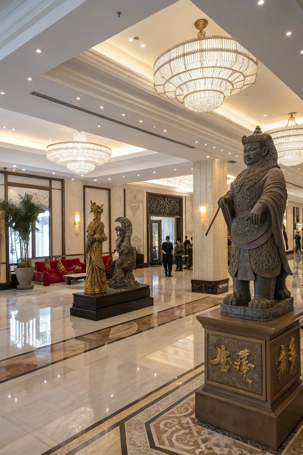 Symbolic statues bringing cultural depth to the lobby.