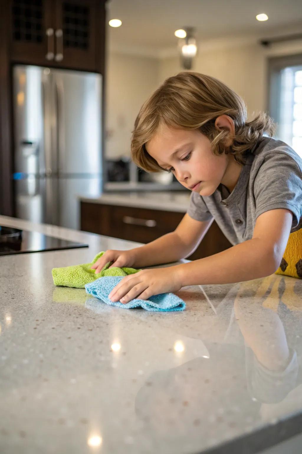 A child practices cleaning and hygiene by wiping surfaces.