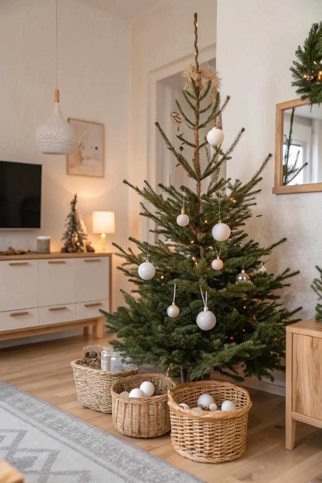 A minimalist Nordic Christmas ball tree with serene and natural beauty.