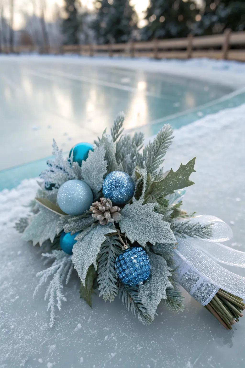 A sophisticated Christmas corsage with iced foliage.